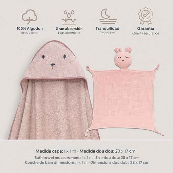 Interbaby Hooded Towel and Doudou Bear Dark Pink Interbaby Hooded Towel and Doudou Bear Dark Pink