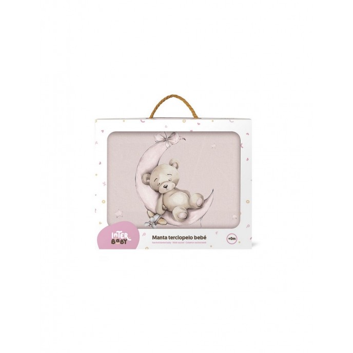 Interbaby Fleece Cot Blanket Bear on Moon Pink 