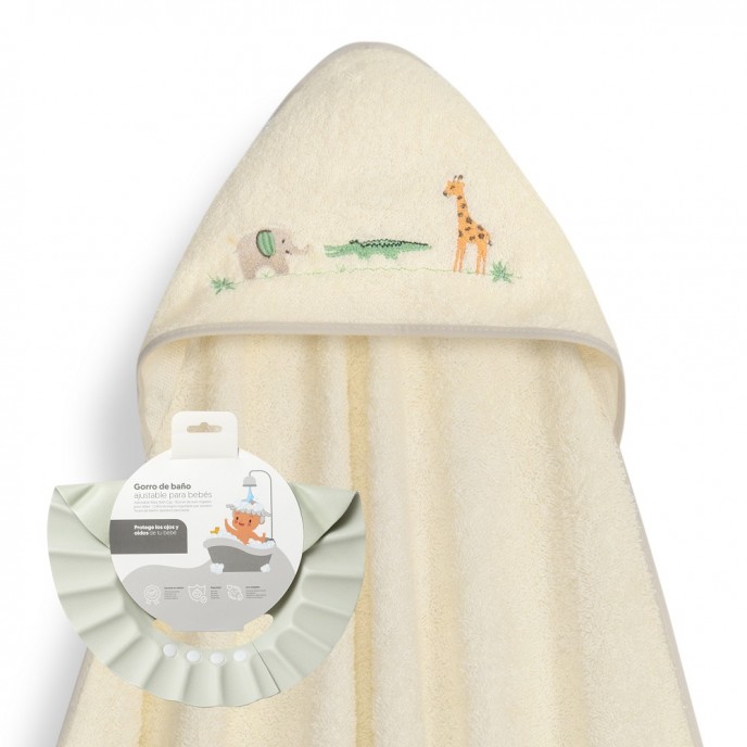 Interbaby Hooded Towel and Rinse Cap Jungle Beige