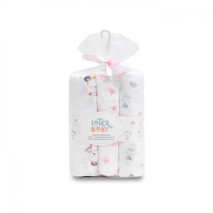 Interbaby Muslins 3pk Crown Pink Interbaby Muslins 3pk Crown Pink