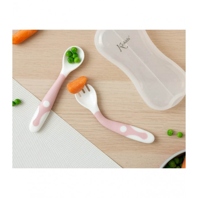 Kiokids Flexible Fork and Spoon in Case Pink