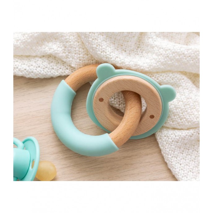 Kiokids Wood and Silicone Teether Rings Bear Green