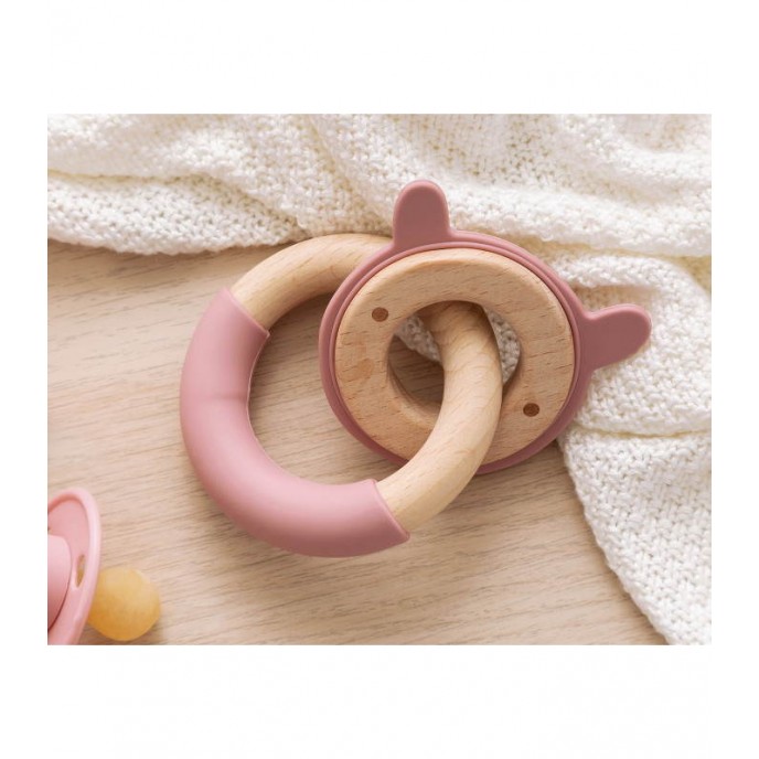 Kiokids Wood and Silicone Teether Rings Bunny Pink