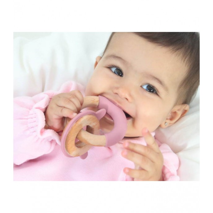 Kiokids Wood and Silicone Teether Rings Bunny Pink