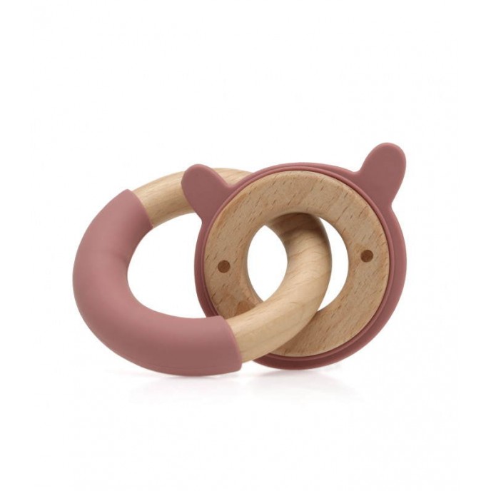 Kiokids Wood and Silicone Teether Rings Bunny Pink