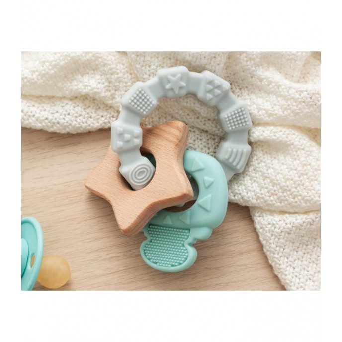 Kiokids Wood and Silicone Teether Green Grey