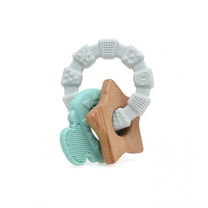 Kiokids Wood and Silicone Teether Green Grey