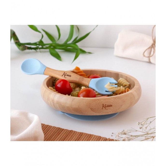 Kiokids Silicone and Bamboo Feeding Set Blue