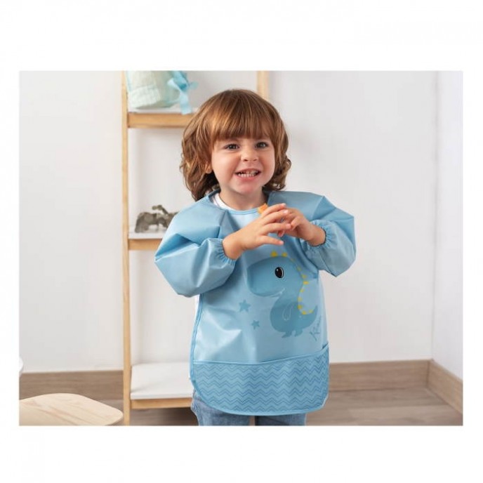 Kiokids Bib Long Sleeve Blue Dino