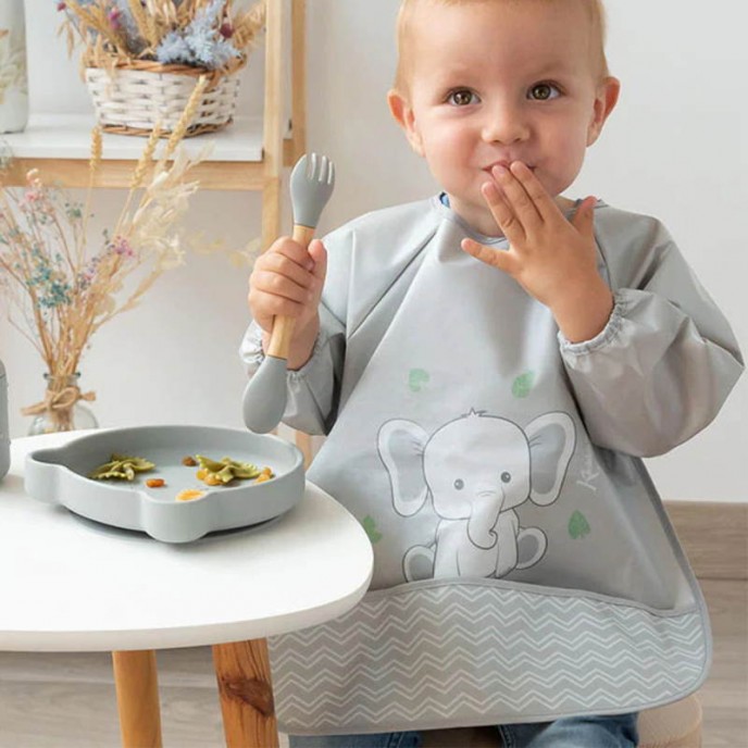 Kiokids Bib Long Sleeve Grey Elephant