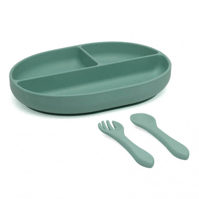 Kiokids Silicone Plate and Cutlery Set 3pc Sage Kiokids Silicone Plate and Cutlery Set 3pc Sage