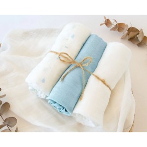 Kiokids Bamboo Muslins 3pk Blue Leaves