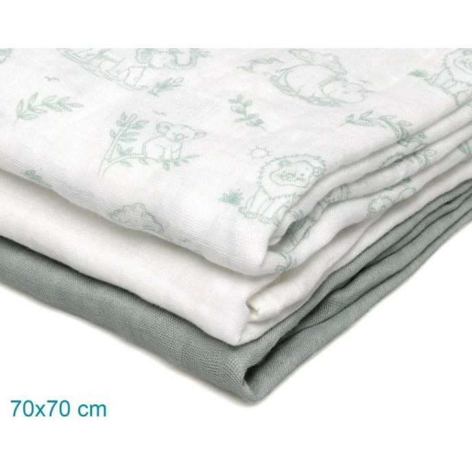 Kiokids Bamboo Muslins 3pk Sage Animals
