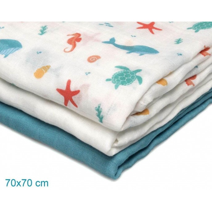 Kiokids Bamboo Muslins 3pk Aqua Blue Marine