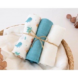 Kiokids Bamboo Muslins 3pk Aqua Blue Marine