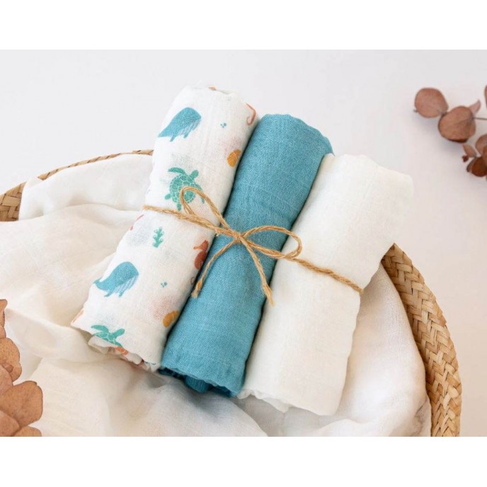 Kiokids Bamboo Muslins 3pk Aqua Blue Marine