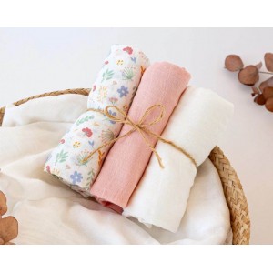 Kiokids Bamboo Muslins 3pk Pink Flowers Leaves