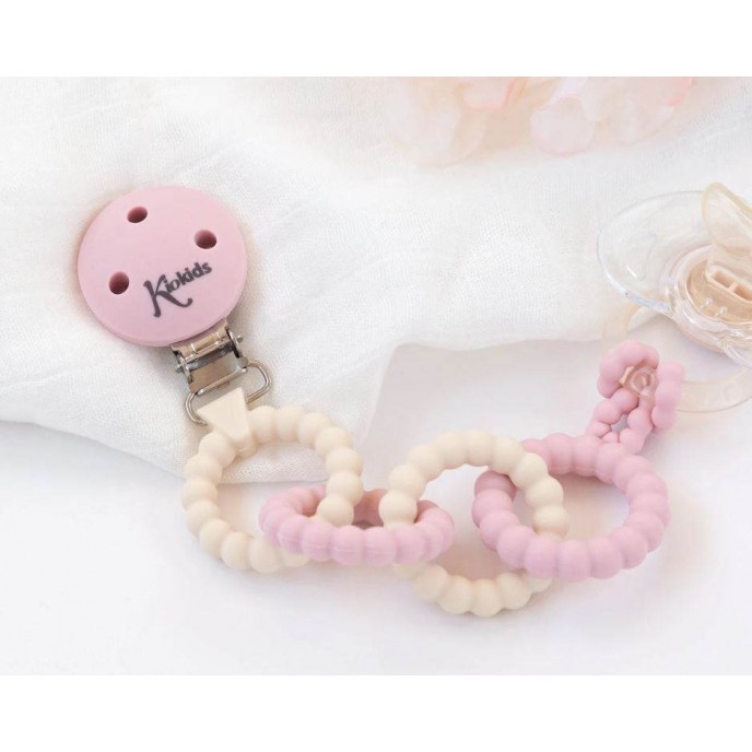 Kiokids Silicone Soother Clip and Teether Rings Pink