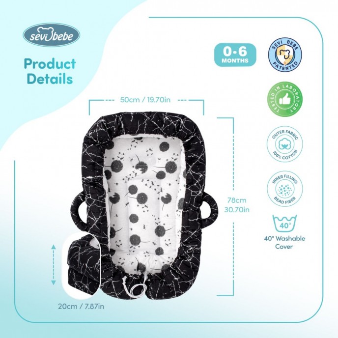 Sevi Bebe Baby Nest and Reflux Pillow Sage Tiny Leaves
