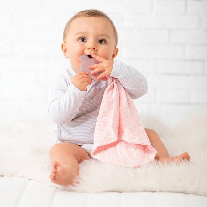 Nattou Silicon Teether and Muslin Doudou Pink Nattou Silicon Teether and Muslin Doudou Pink
