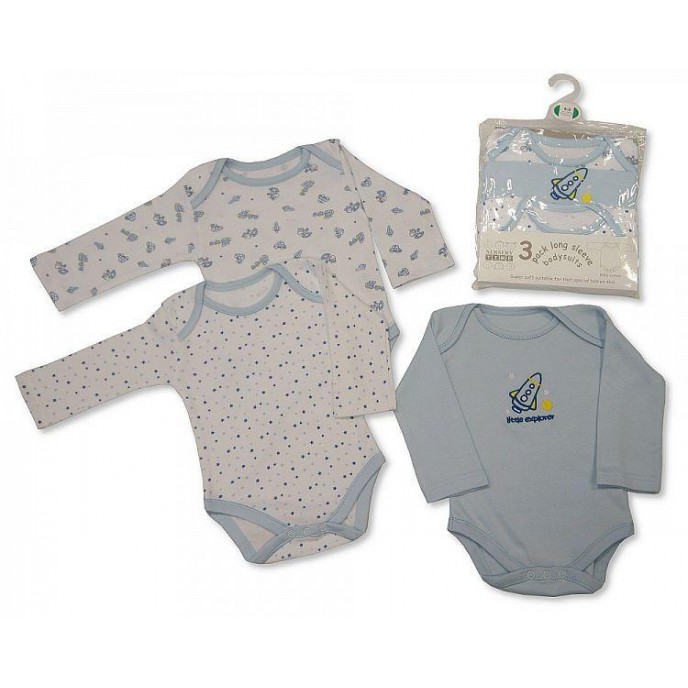 Nursery Time Long Sleeve Vests 3pk Blue Newborn