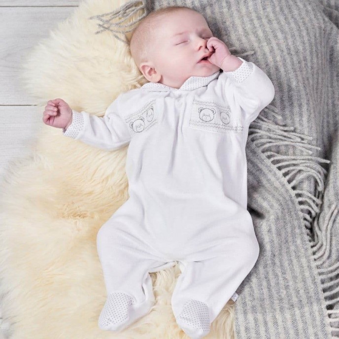 Dandelion Velour Sleepsuit Smock Bear White Newborn Dandelion Velour Sleepsuit Smock Bear White Newborn