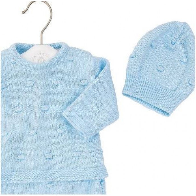 Dandelion Bobble Set Knitted Top, Trousers and Hat Blue