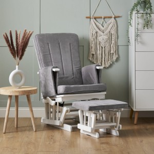 Obaby Reclining Glider Chair and Stool Deluxe White Grey Cushion Obaby Reclining Glider Chair and Stool Deluxe White Grey Cushion