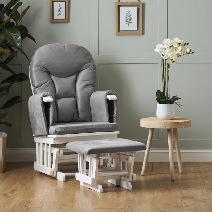 Obaby Reclining Glider Chair and Stool – White with Grey Cushion