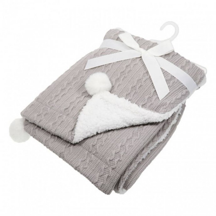 Soft Touch Knitted Fleece Blanket with Pom Trim Grey